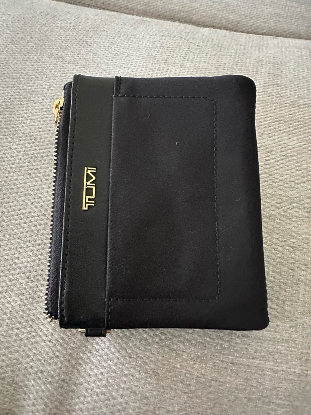 Tumi Black Nylon Zip Card Wallet with Gold Accents